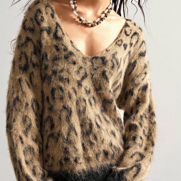 Casual Women's Boho leopard print Loose Long Sleeve Sweater top - Picture 7 of 7